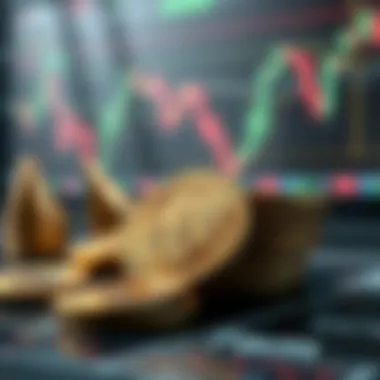 A digital representation of cryptocurrency symbols and market charts