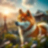 Ancient Japanese landscape featuring Shiba Inu