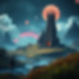 A futuristic RPG landscape showcasing blockchain elements