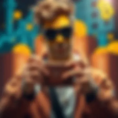 A trendy individual proudly displaying their Simpsons Wallet amidst a cryptocurrency backdrop.