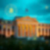 Federal Reserve building with cryptocurrency symbols