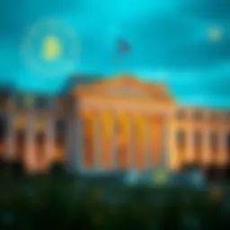 Federal Reserve building with cryptocurrency symbols