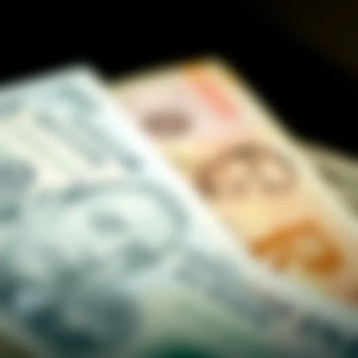 Close-up of currency notes of USD and INR side by side